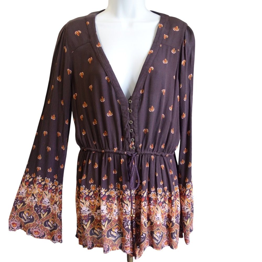 Ecote Brown Forest Fairy‎ Floral Romper Drawstring Waist Flare Boho Festival Lg